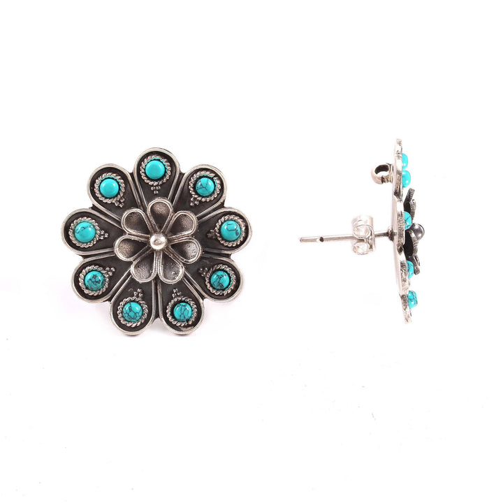 Silver Turquoise Floral Ear Studs