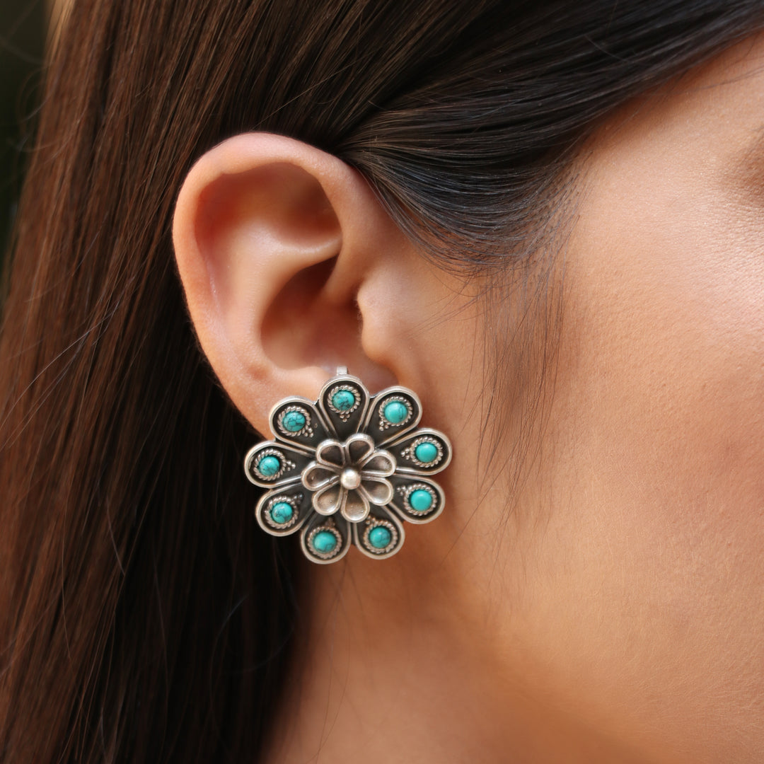 Silver Turquoise Floral Ear Studs