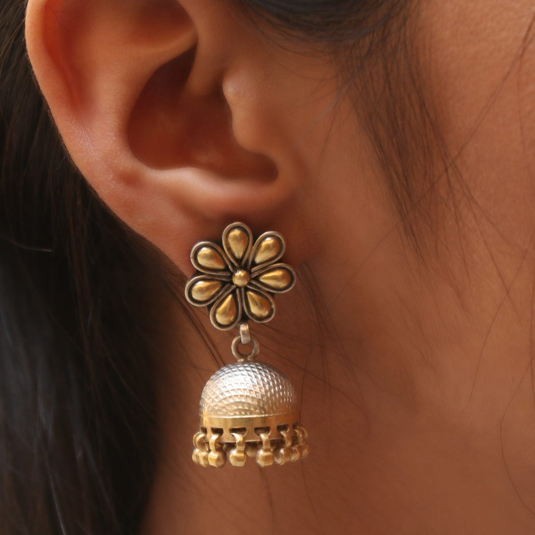 Silver Gold Plated, Adorable Floral, Stud Jhumki with Ghungroo