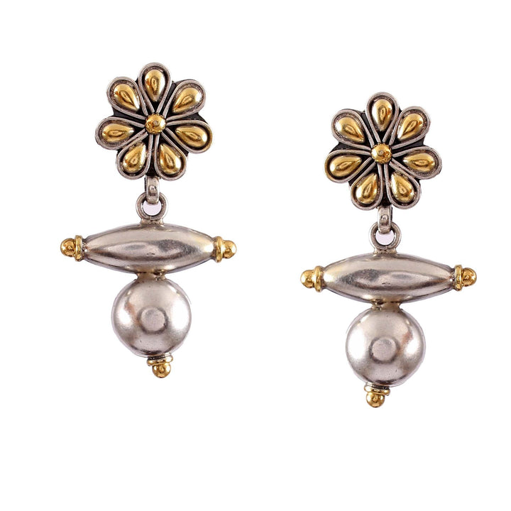 Silver Gold Plated, Floral with Beads Ear Studs