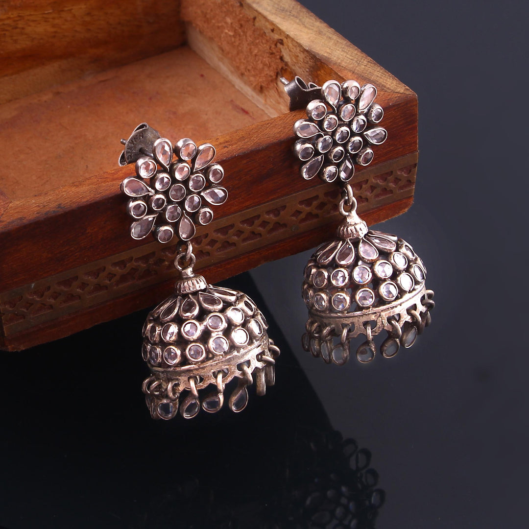 Silver Adorable Jhumki, Embellished White Checker Gemstone Earring