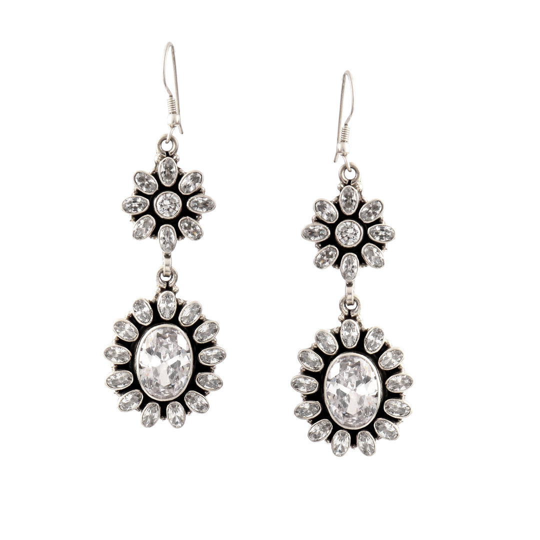 Silver Floral Zircon Ear Danglers Hoops