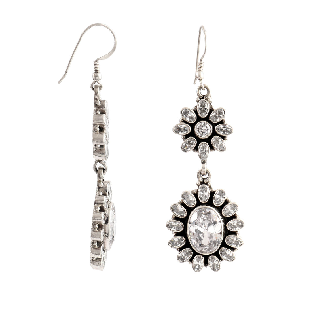 Silver Floral Zircon Ear Danglers Hoops