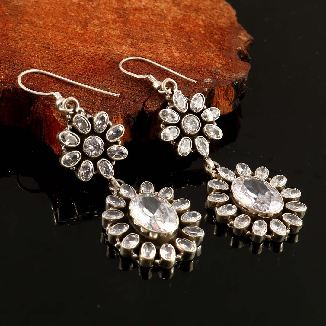 Silver Floral Zircon Ear Danglers Hoops