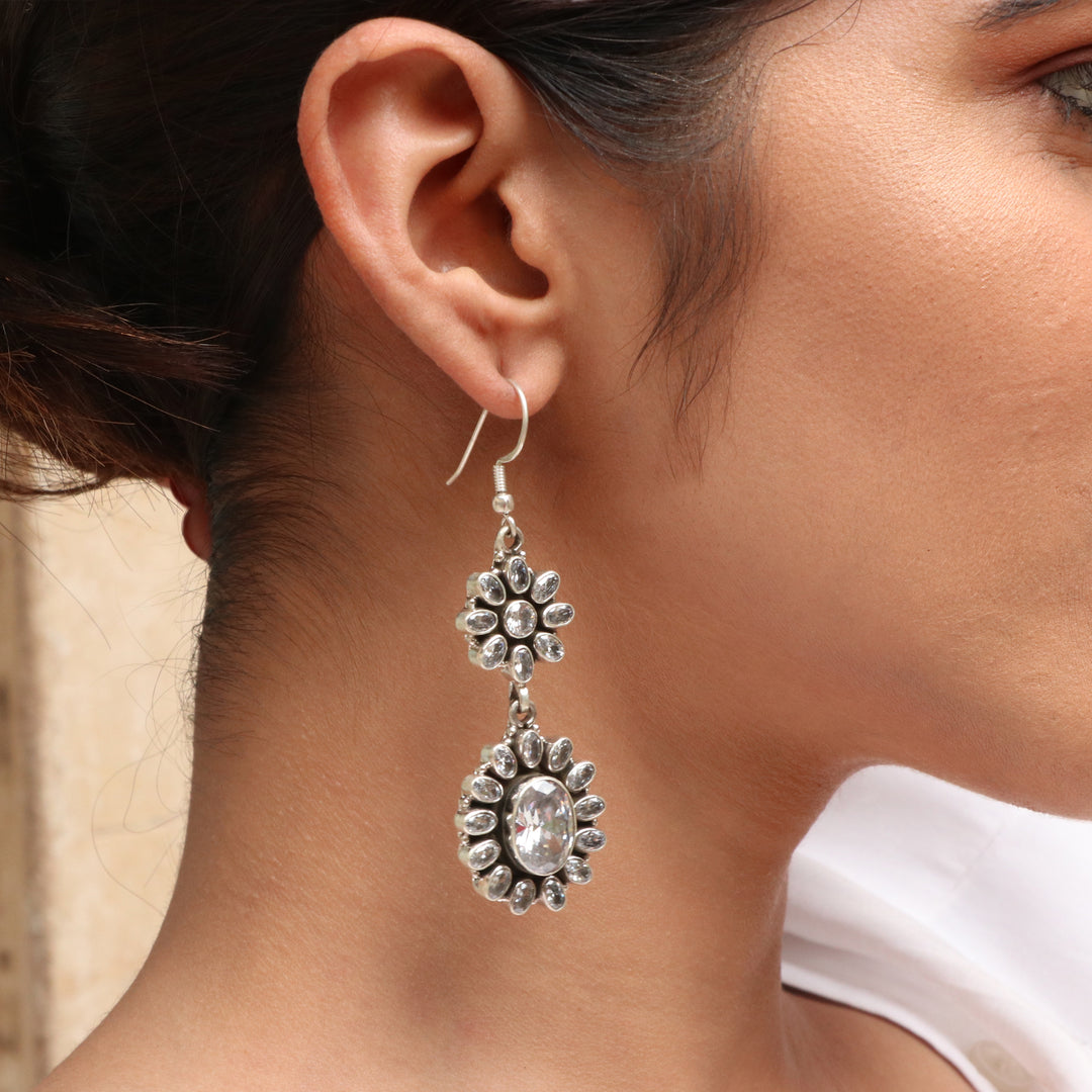 Silver Floral Zircon Ear Danglers Hoops