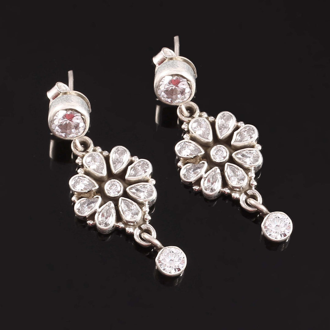 Silver Floral Design, CZ's Ear Studs