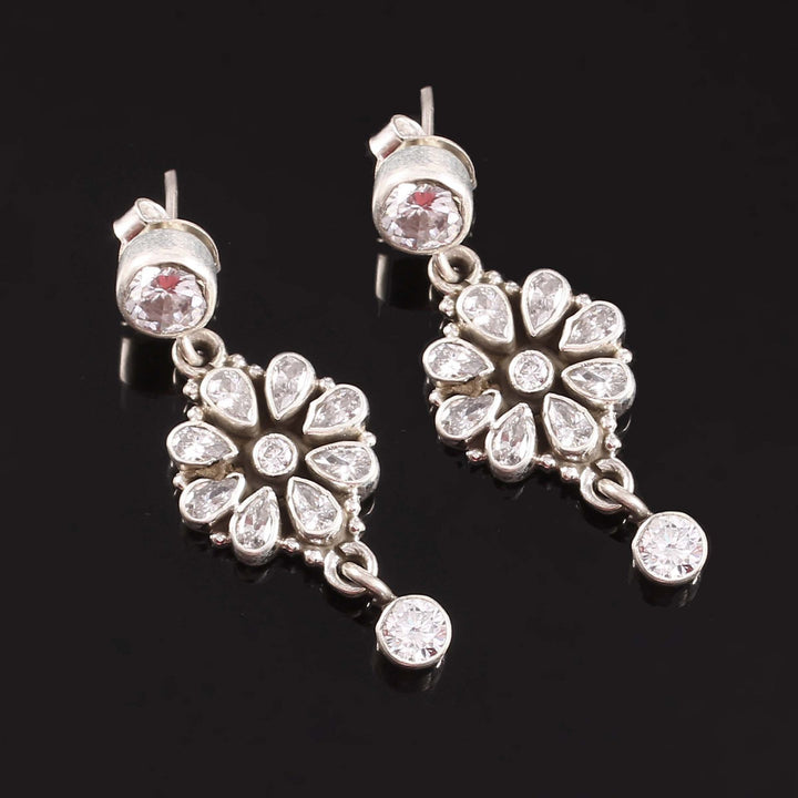Silver Floral Design, CZ's Ear Studs