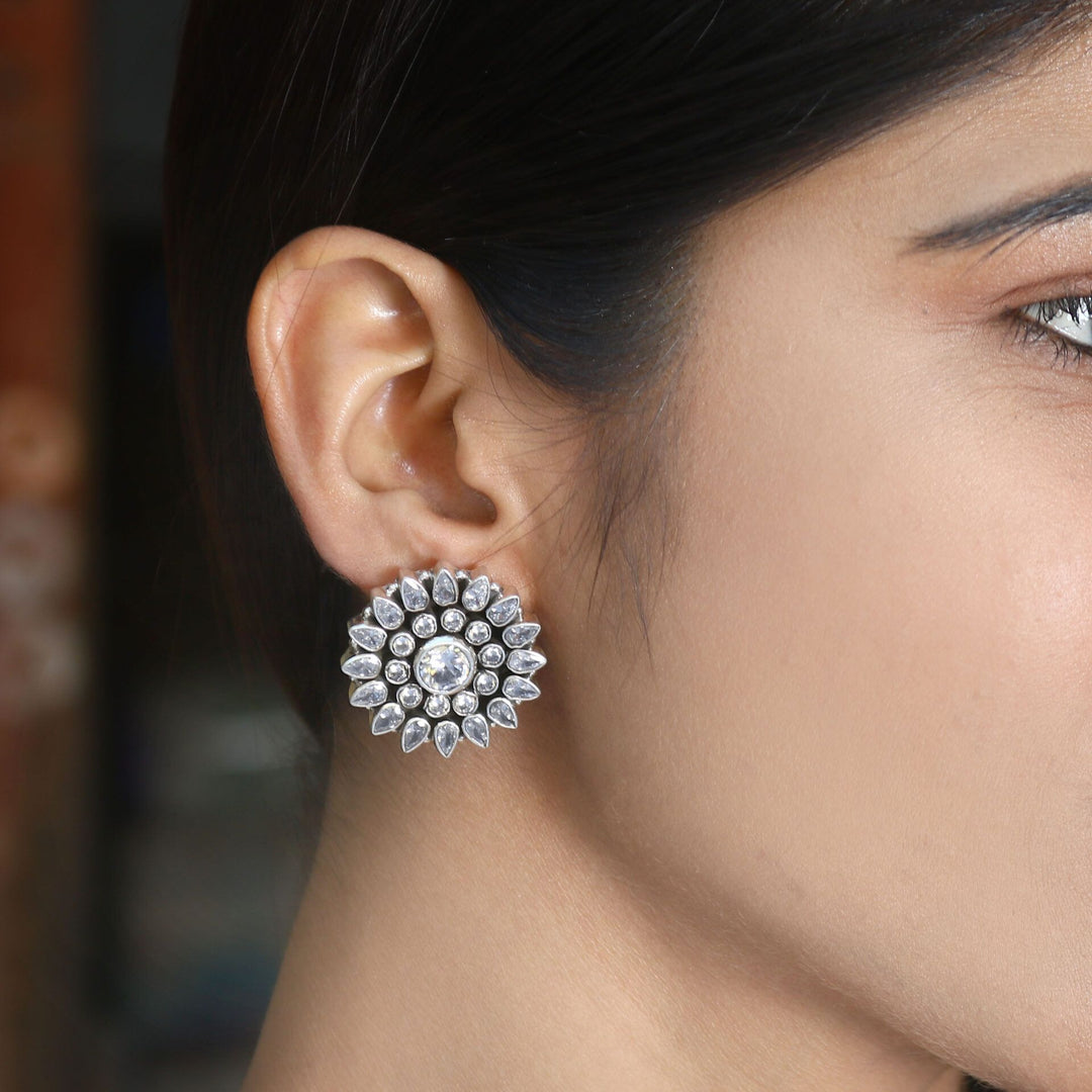 Silver Floral Zircon Stone Stud Earrings