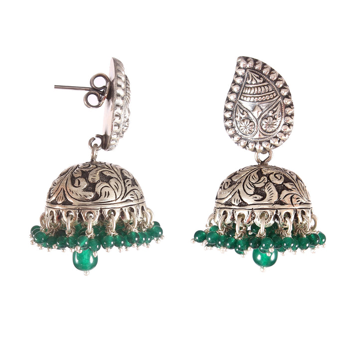 Silver Tear-Drop Design, Chitai Work Jhumki