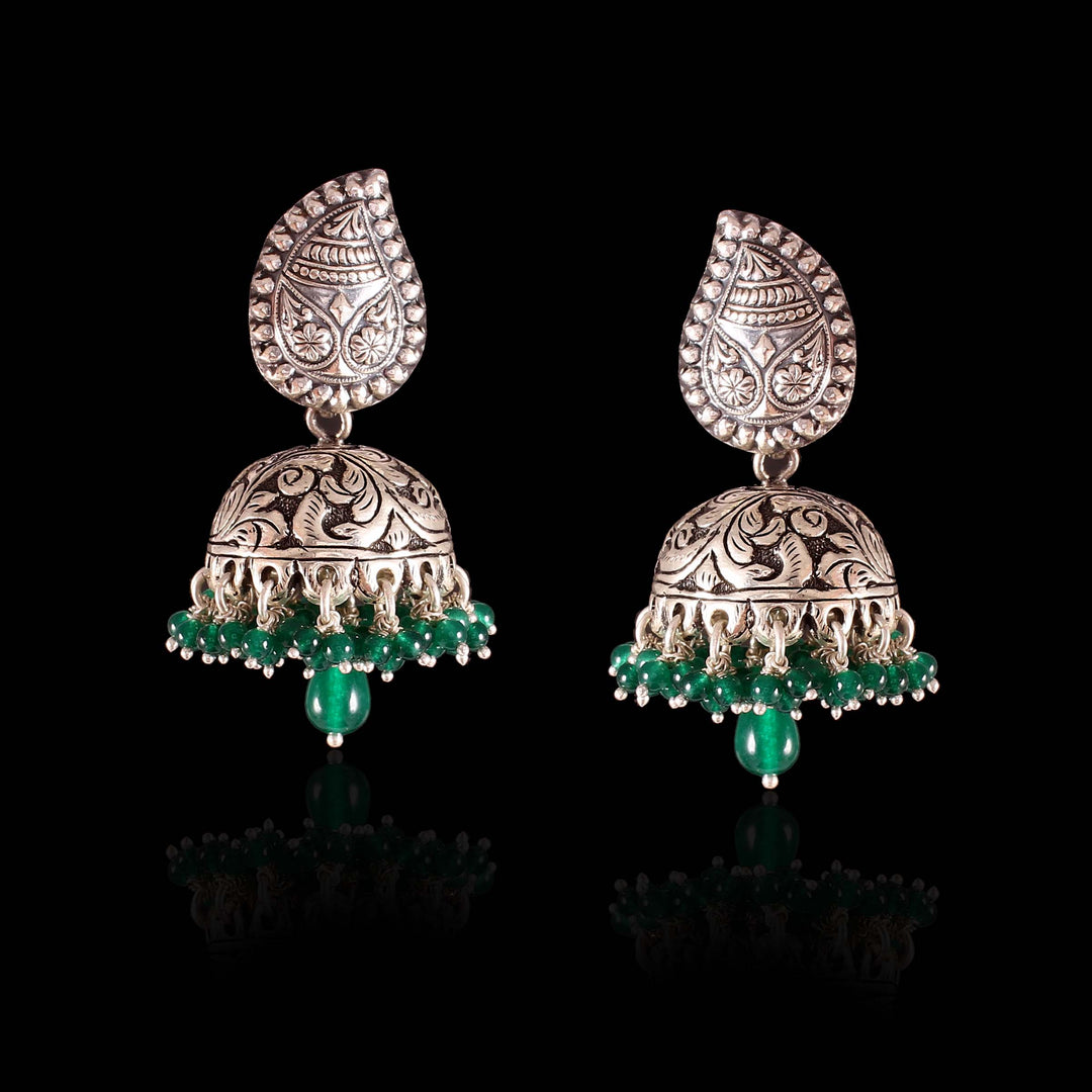 Silver Tear-Drop Design, Chitai Work Jhumki