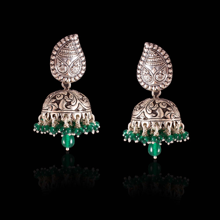 Silver Tear-Drop Design, Chitai Work Jhumki