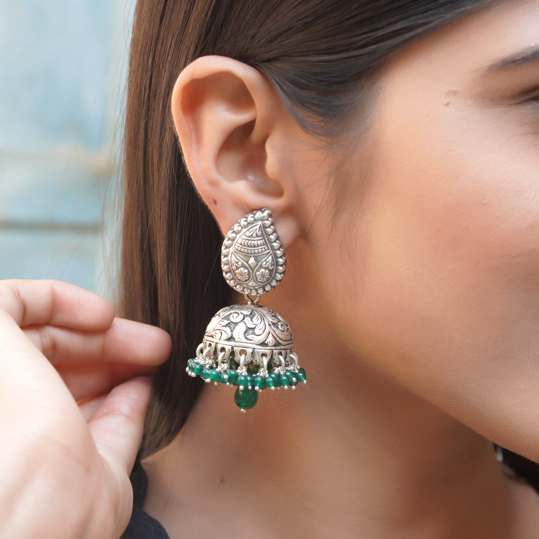 Silver Tear-Drop Design, Chitai Work Jhumki