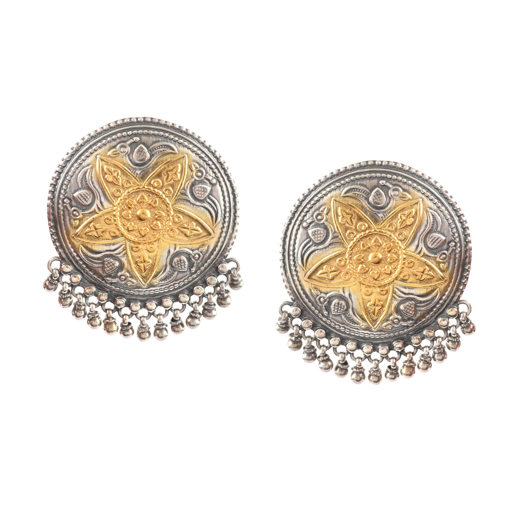 Dual Tone Silver Floral Ear Studs