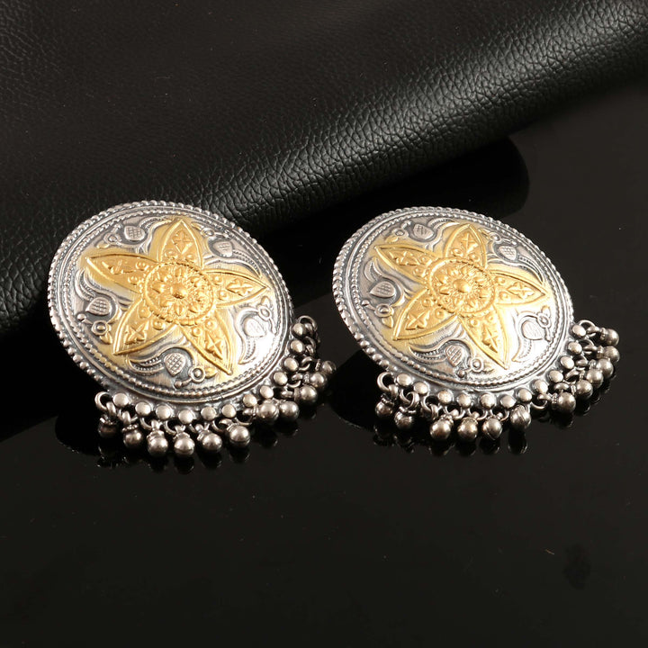 Dual Tone Silver Floral Ear Studs