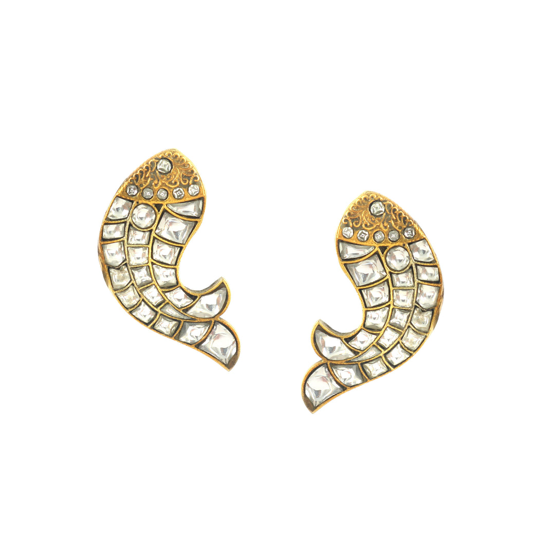 Gold-Plated Silver Fish Kundan Ear Studs