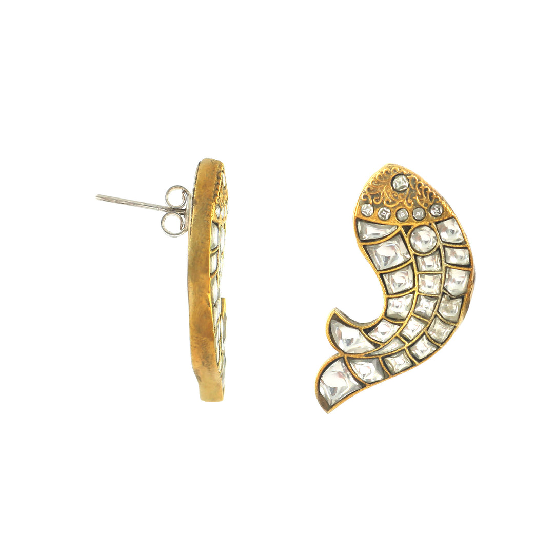 Gold-Plated Silver Fish Kundan Ear Studs