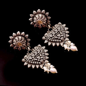 Silver Oxidized Statement, Floral Drop Earrings