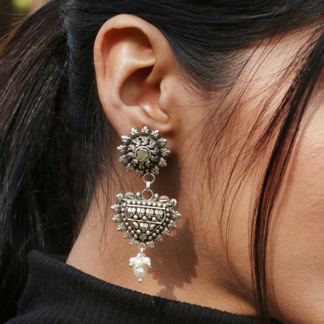 Silver Oxidized Statement, Floral Drop Earrings