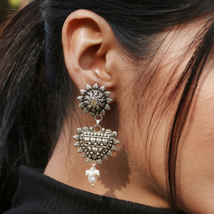 Silver Oxidized Statement, Floral Drop Earrings