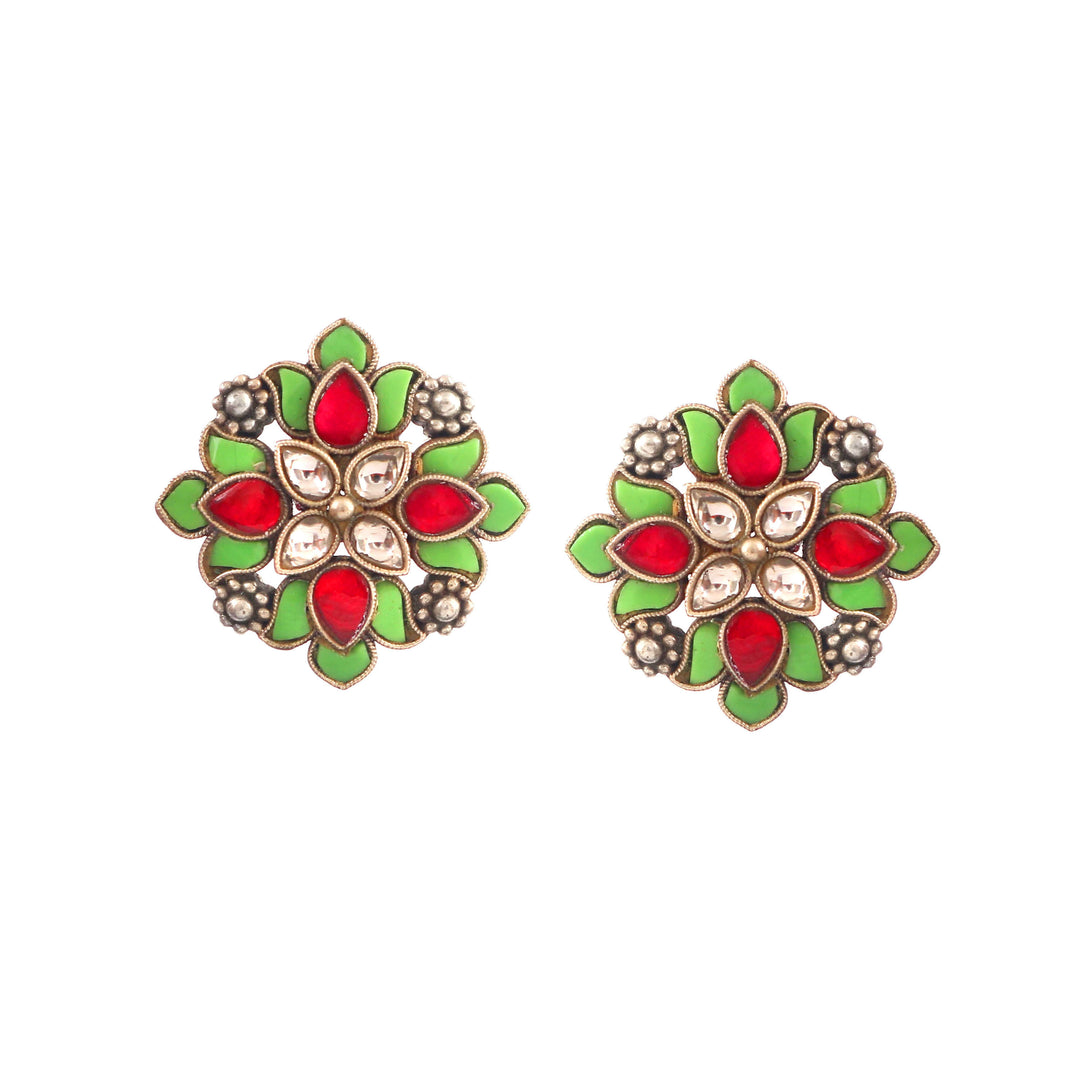 Silver Kunda-Jadau Floral Ear Studs