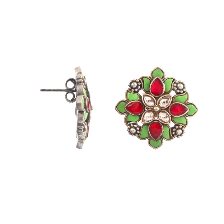 Silver Kunda-Jadau Floral Ear Studs