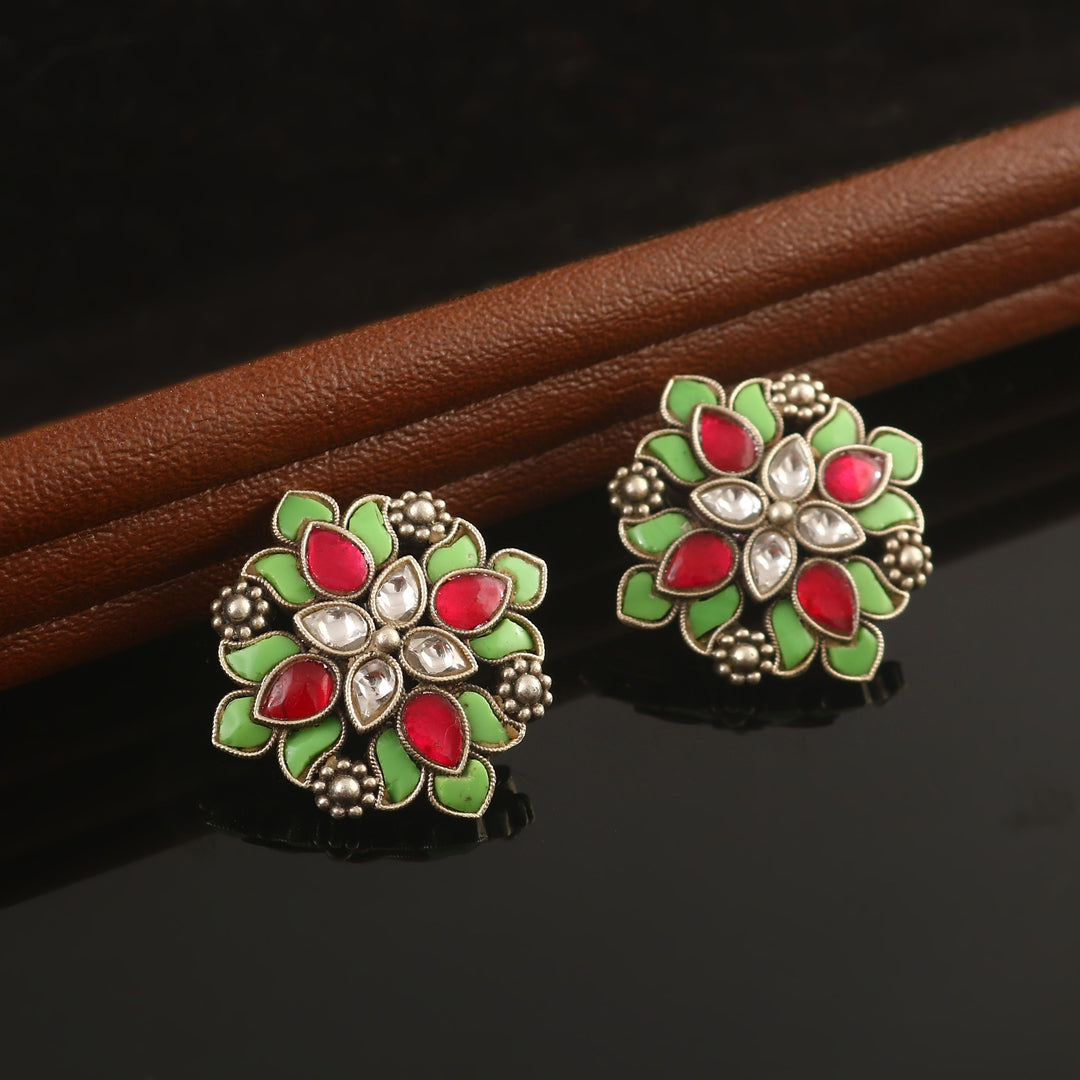 Silver Kunda-Jadau Floral Ear Studs