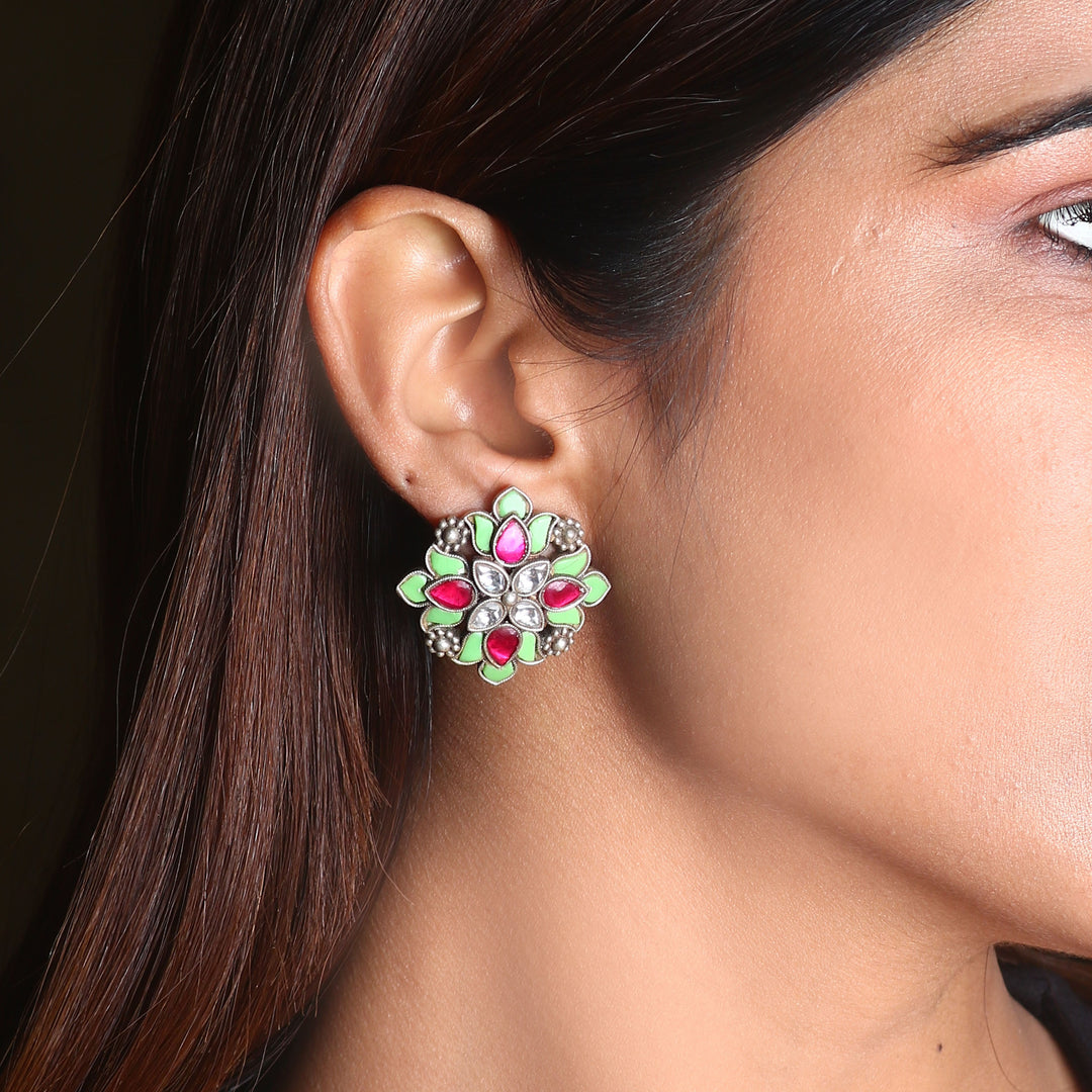 Silver Kunda-Jadau Floral Ear Studs