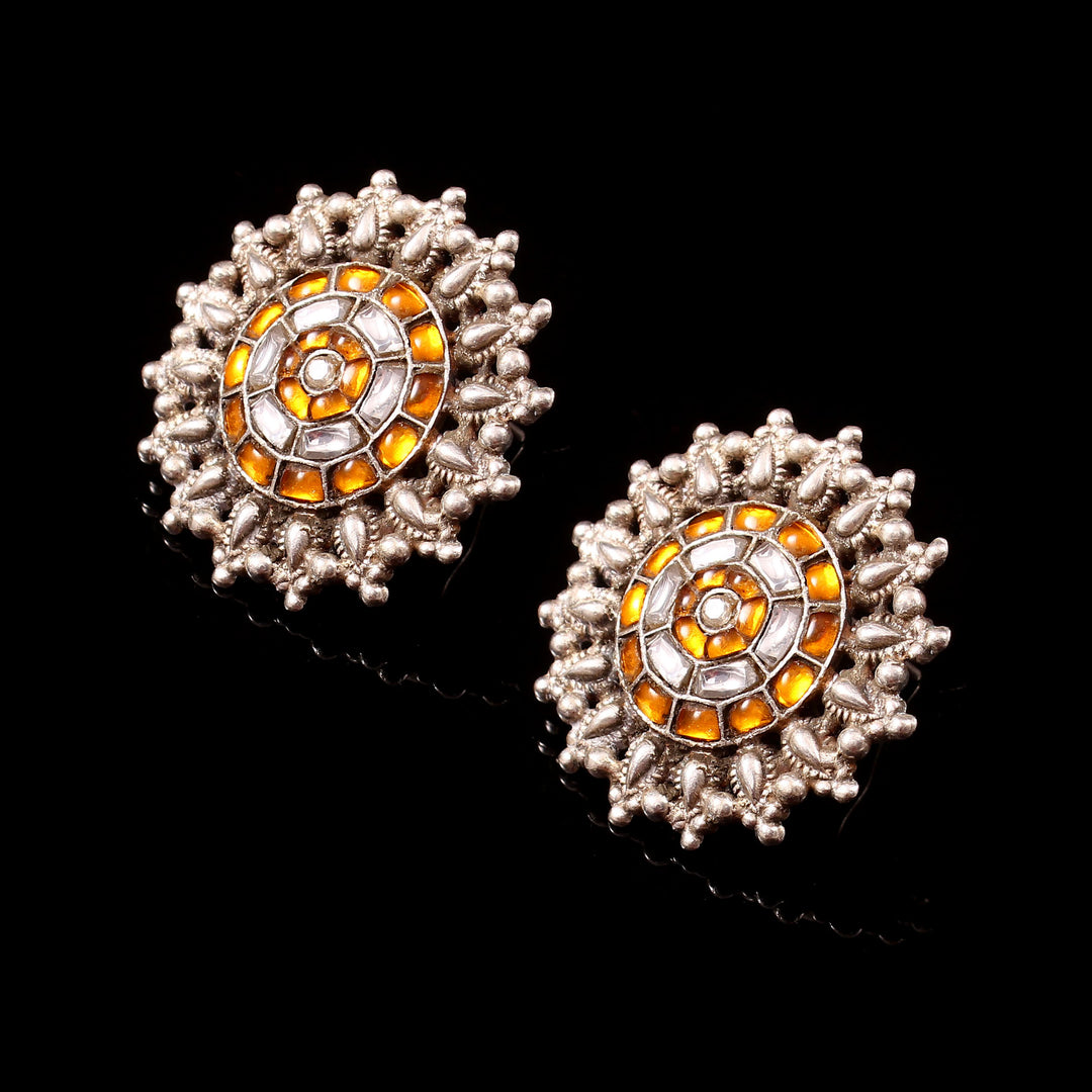 Silver Kundan & Yellow Floral Statement Rawa Stud Earrings