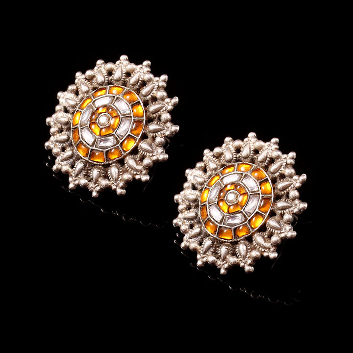 Silver Kundan & Yellow Floral Statement Rawa Stud Earrings