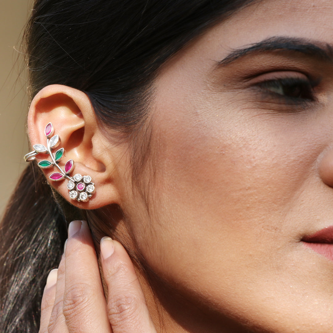 Silver Floral & Leaf Adorable Ear Studs