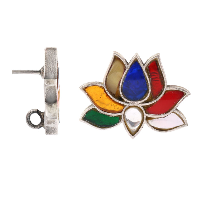 Silver Lotus Rainbow Color Stud Earrings