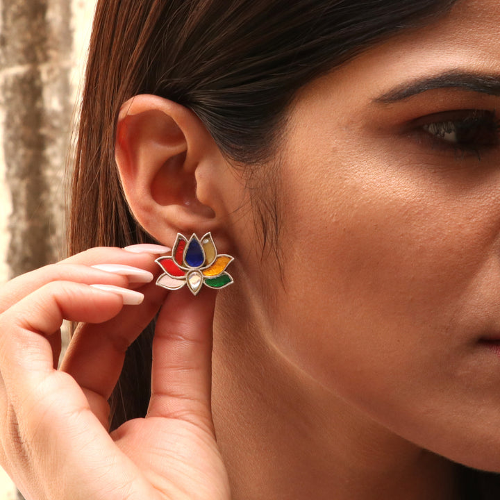Silver Lotus Rainbow Color Stud Earrings