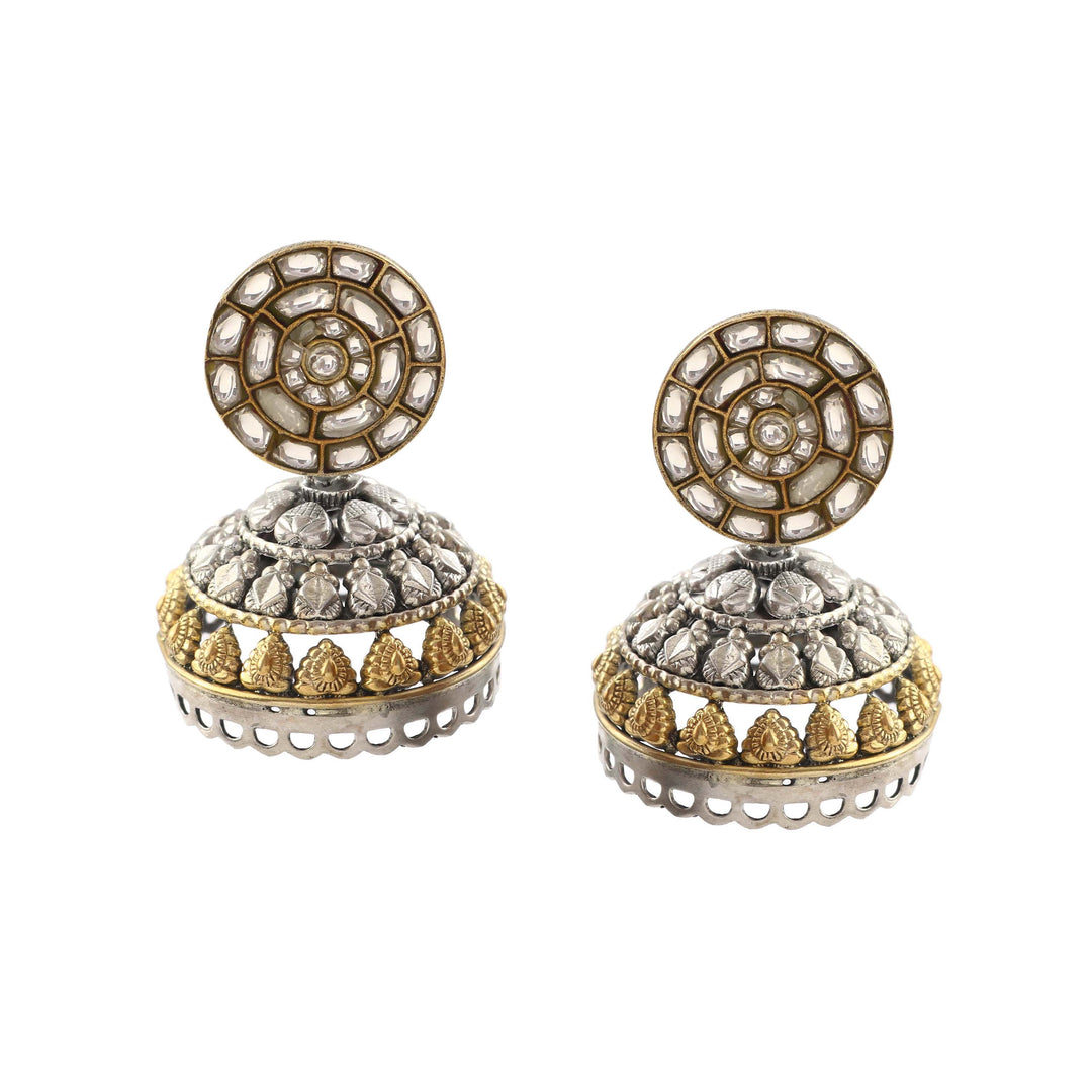Silver Floral Dual Tone Jhumki Kundan Earrings