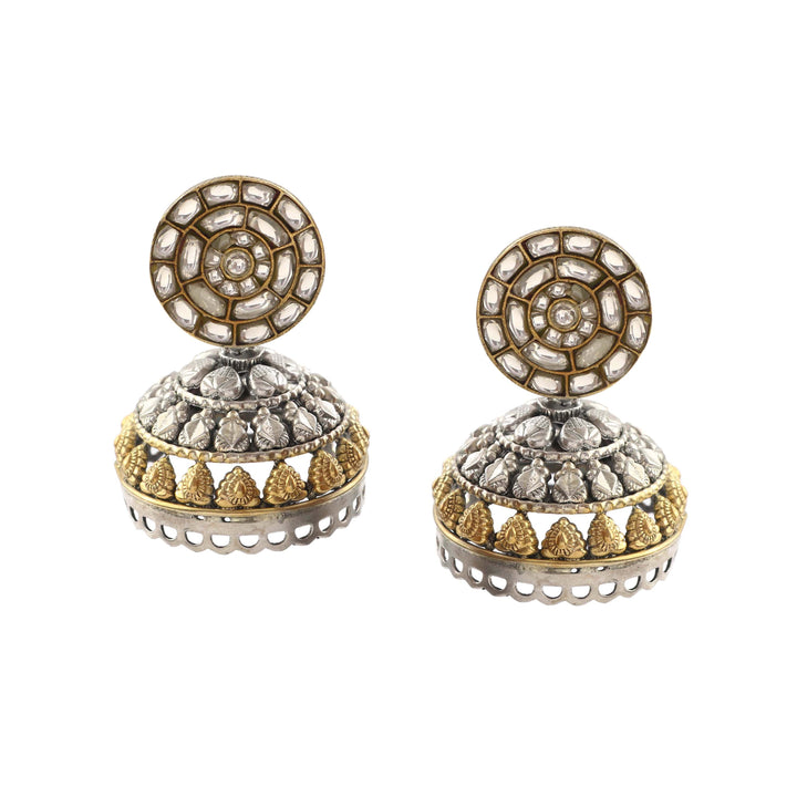 Silver Floral Dual Tone Jhumki Kundan Earrings