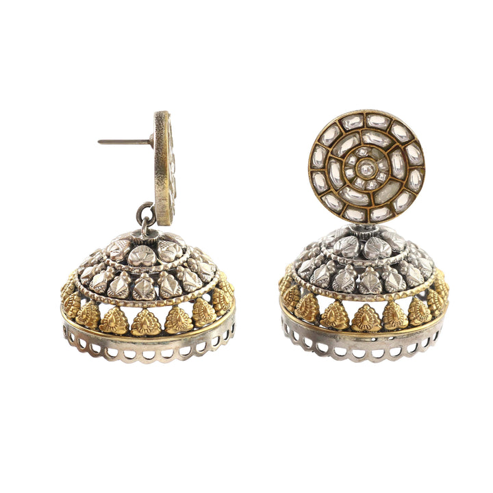 Silver Floral Dual Tone Jhumki Kundan Earrings