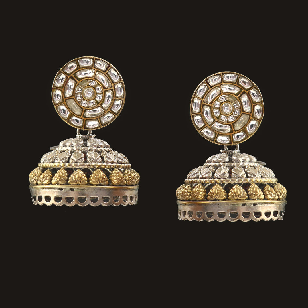 Silver Floral Dual Tone Jhumki Kundan Earrings