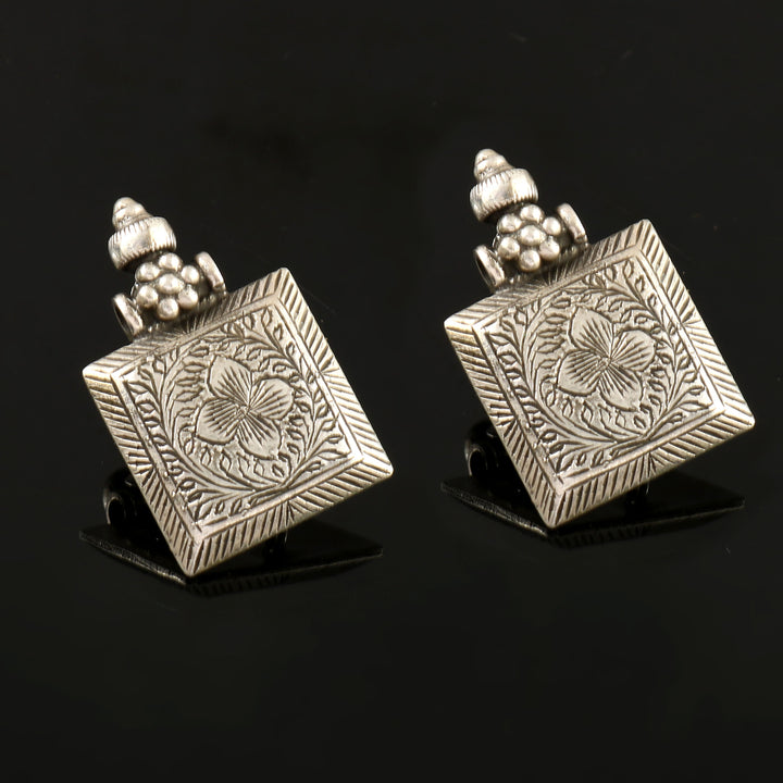 Silver Floral Square Statement Stud Earrings