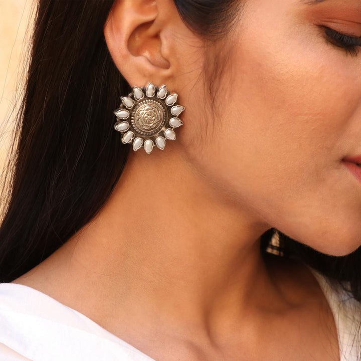 Silver Oxidized Floral Pearl Ear Studs
