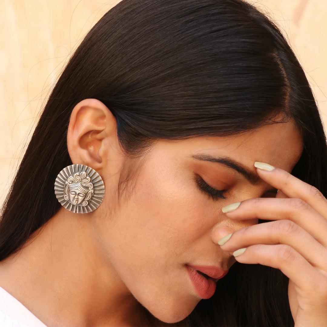 Silver Oxidized Statement Temple Stud Earrings