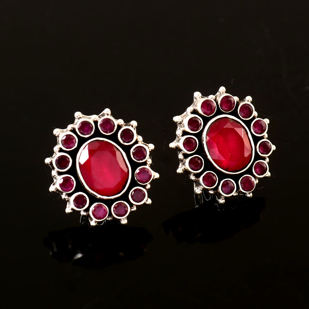 Silver Floral Pink Ear Studs
