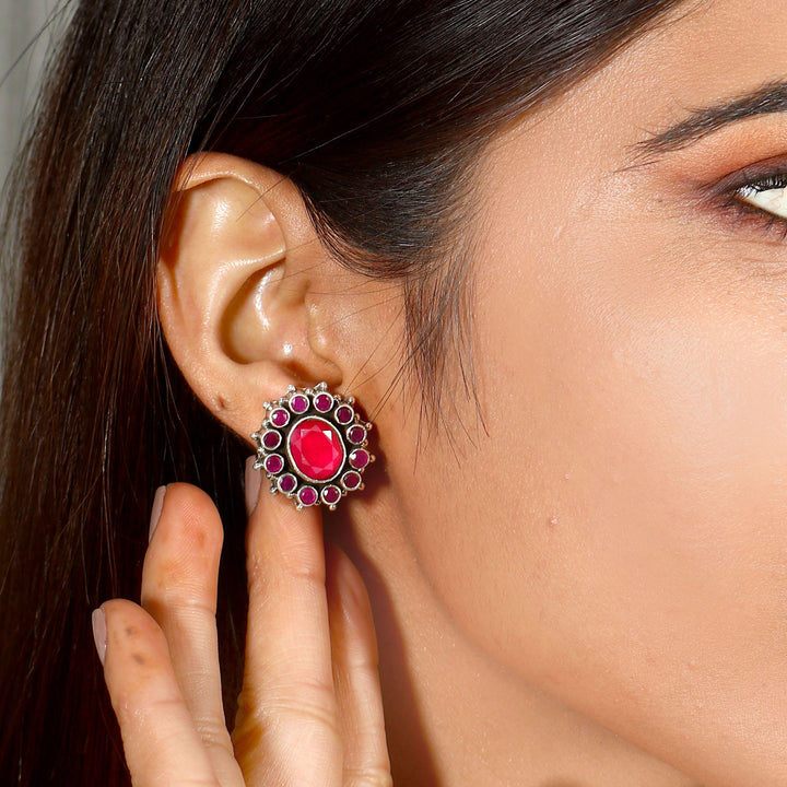 Silver Floral Pink Ear Studs
