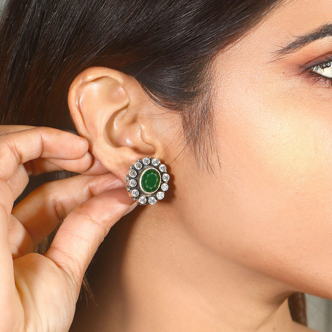 Silver Green & White Ear Tops