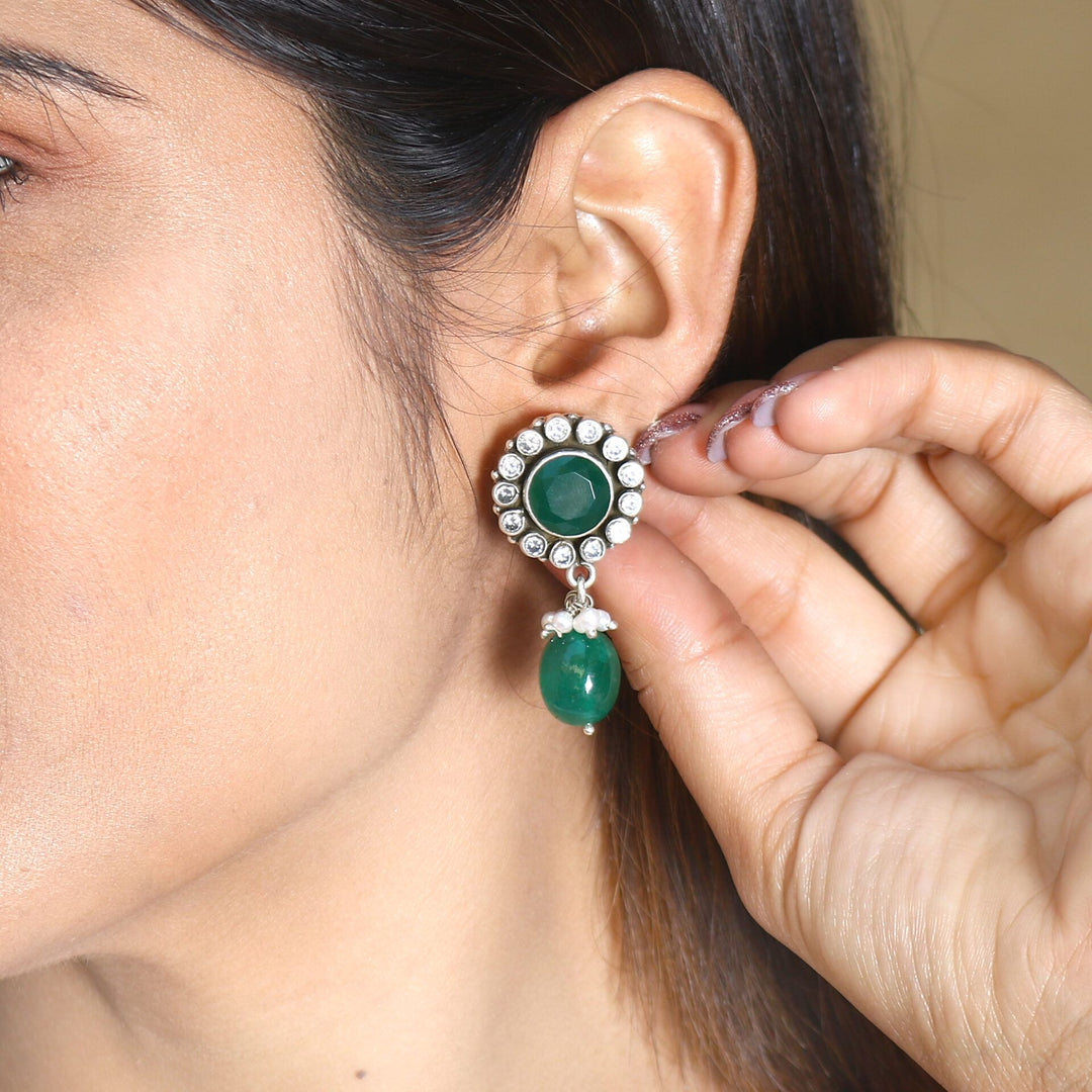 Silver Green & White Stone Stud Earrings