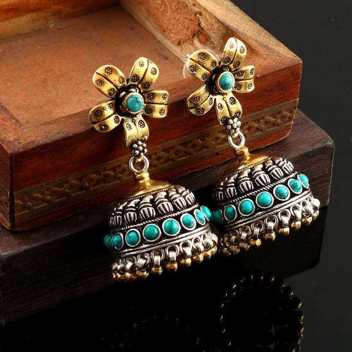 Floral Gold-Plated Silver, Firoza Stud Jhumki
