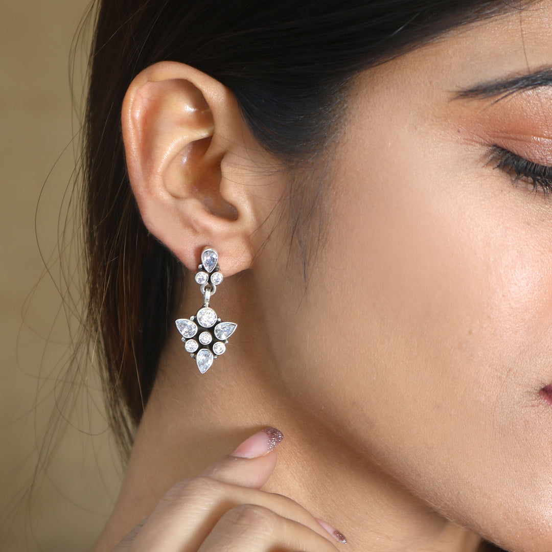 Silver Floral Zircon Stud Earrings