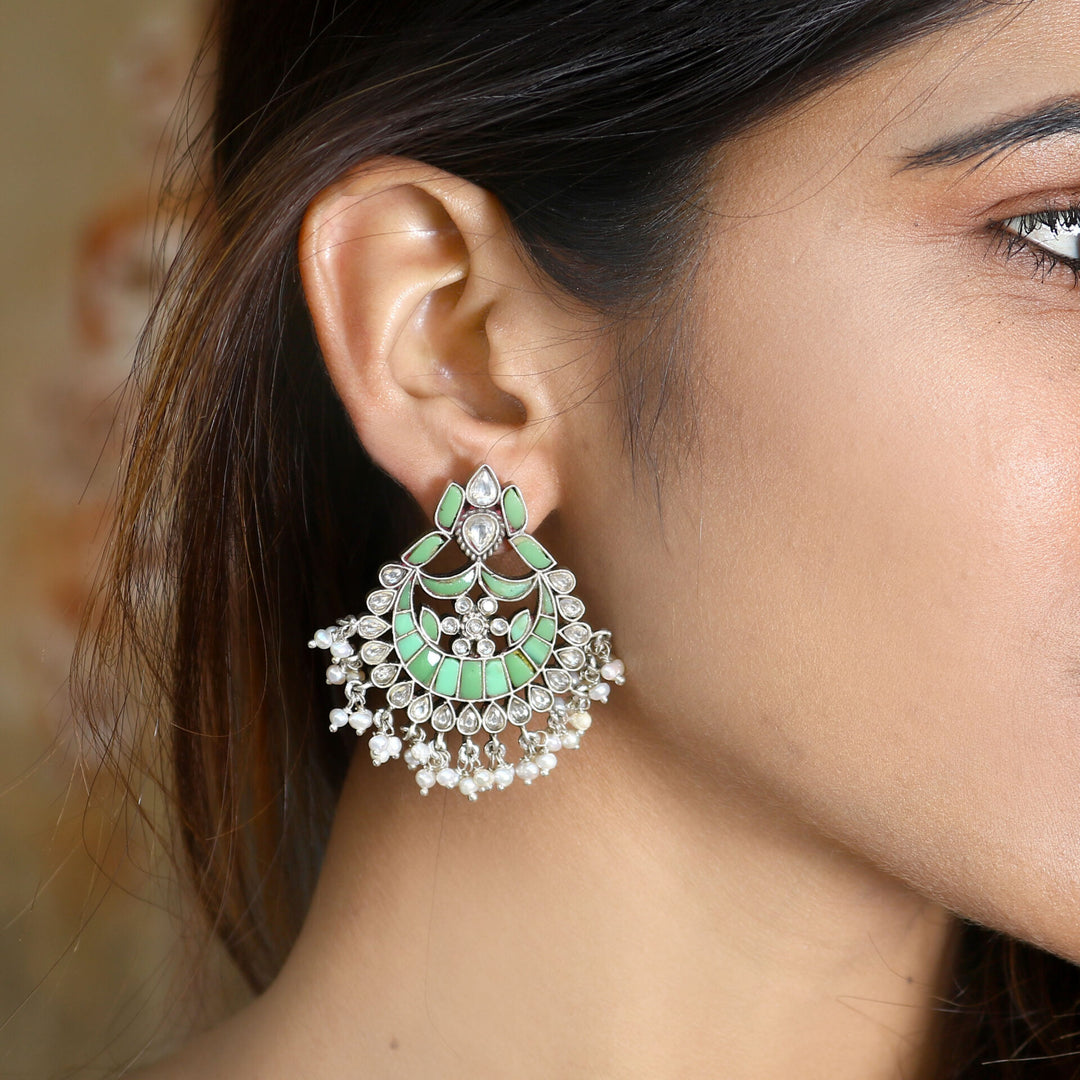 Silver Green Chand-Bali Stud Earrings