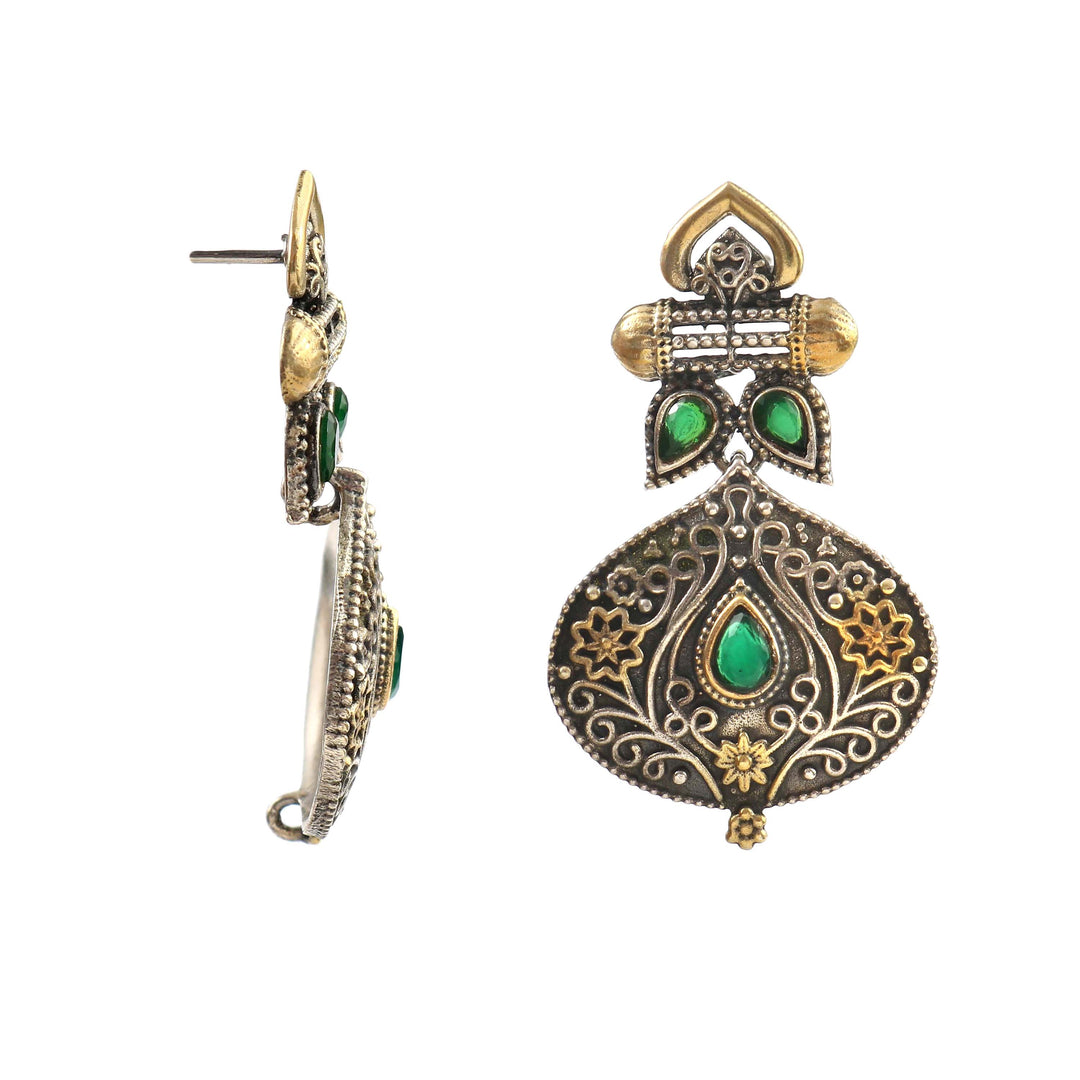 Silver Dual Tone & Green Color Stone Stud Earrings