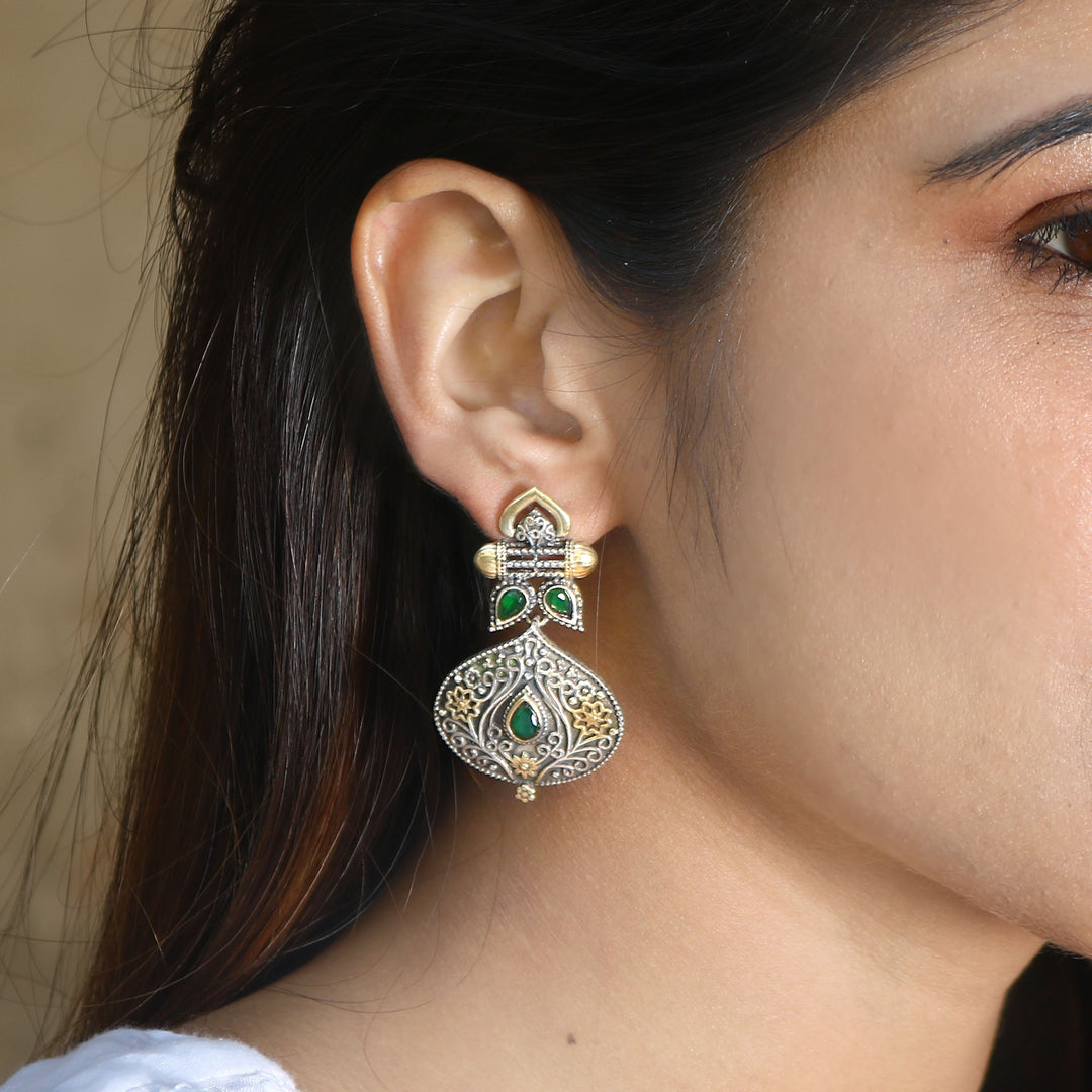 Silver Dual Tone & Green Color Stone Stud Earrings