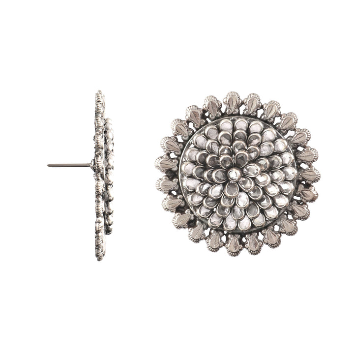 Silver Floral Checker Stud Earrings