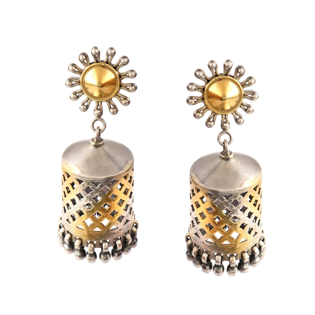 Dual Tone Silver Sun-Floral Stud Jhumki